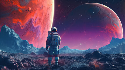 Wall Mural - synthwave astronaut on an alien planet looking out. ia generative.