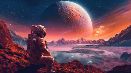 Wall Mural - synthwave astronaut on an alien planet looking out. ia generative.