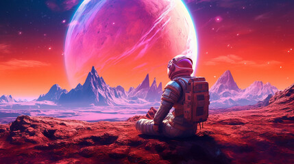 Wall Mural - synthwave astronaut on an alien planet looking out. ia generative.