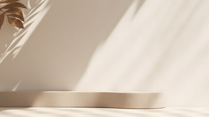 Wall Mural - blank beige brown cement curve counter podium with texture, soft beautiful dappled sunlight, leaf sh
