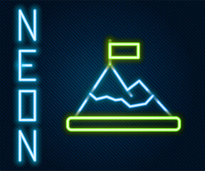 Wall Mural - Glowing neon line Mountains with flag on top icon isolated on black background. Symbol of victory or success concept. Goal achievement. Colorful outline concept. Vector