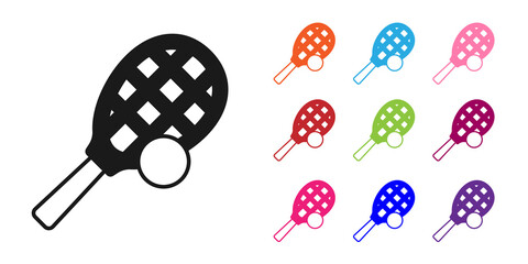 Wall Mural - Black Tennis racket with ball icon isolated on white background. Sport equipment. Set icons colorful. Vector