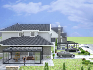 Wall Mural - American house patio sunroom gazebo pergola, 3d rendering