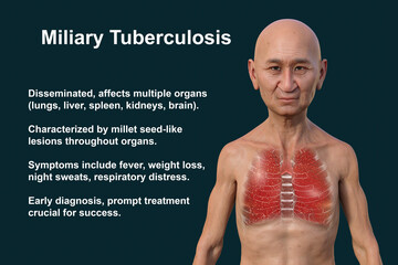 Poster - A 3D illustration of a man with transparent skin, showcasing the lungs affected by miliary tuberculosis