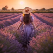 Illustration Of An Adorable Girl In Lavender Field Surrounded By Flowers Teenage Girl At Lavender Flowers In Garden Young Girl. A Vast Field Of Lavender Stretches Out Before A Woman. Generative AI