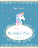 Fototapeta Dinusie - Birthday invitation  with unicorn, flowers, hearts