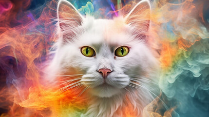 Front face of a cat completely made up of colorful smoke, universe background. IA generative.