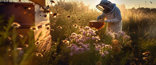Man Beekeeper, Wearing Protective Suit, Looking Happy, Sun Lit Meadow With Flying Bees Around. Generative AI