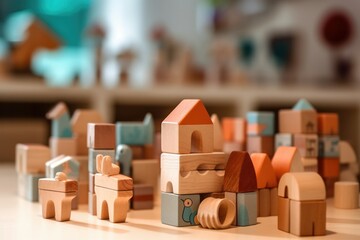 Wooden toy blocks on wooden table in the children's room. Generative AI