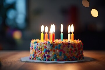 Sticker - Birthday cake with burning candles on a table in the dark room, closeup, A Birthday cake with colorful happy birthday candles flickering on top, AI Generated