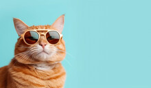 Portrait Of A Ginger Cat With Sunglasses Blue Background Generative Ai