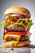 delicious fast food, burger, huge burger with filling, cheeseburger, on a white background