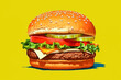 burger on a yellow background, close-up, illustration