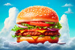 flying burger in the sky, close-up, illustration