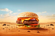 a big burger in the desert among sand dunes, close-up, illustration