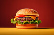 Delicious burger on a red background. fresh hamburger with cheese on the yellow table. Fast food concept, close-up
