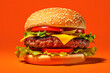 Delicious burger on a red background. a fresh hamburger with cheese on a yellow table. Fast food concept, close-up, typical fast food, suitable for design element.
