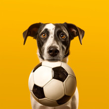 Dog With A Soccer Ball On A Yellow Background. Generative AI.