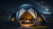 outdoor camping tent with tarp or flysheet on grass. camping in the mountains under the starry night sky created with generative ai.