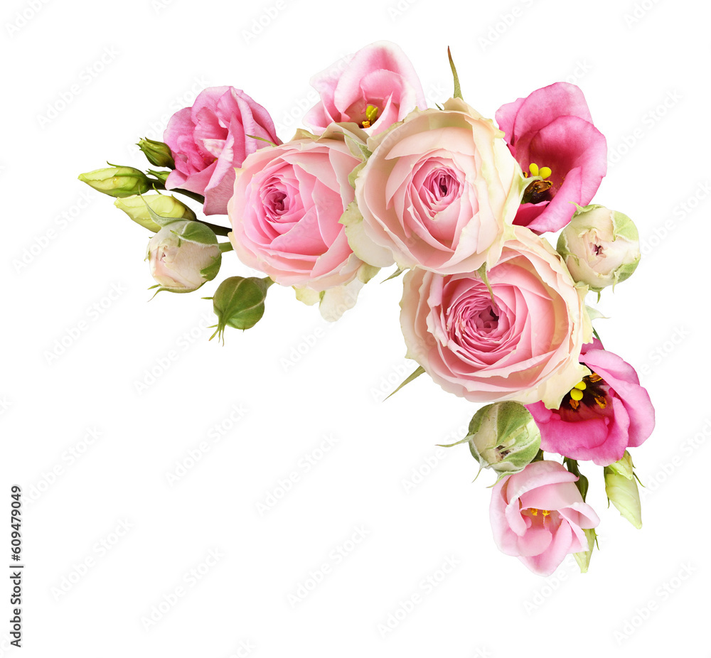 Pink rose and eustoma flowers in a corner floral arrangement isolated ...