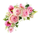Fototapeta Tulipany - Pink rose, eustoma and gypsophila flowers in a corner floral arrangement isolated on white or transparent background