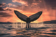 Humpback Whale tail in ocean, dramatic sky. AI generative