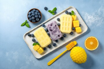 Wall Mural - On a pale blue platter, there are fresh frozen juice ice cream, pineapple popsicles, and blueberries. Concept for a summer meal with copy space. Generative AI