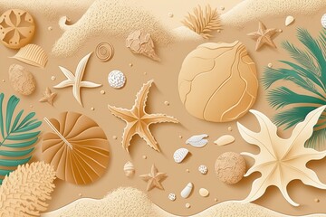 Wall Mural - Summer sand color with a seashell collection and other oceanic presents, representing travel and a seaside holiday. Stunning, vibrant backdrop for a design. Generative AI