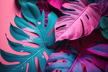 Wall Mural - Pink tropical foliage provide the background of this inventive brilliant color scheme. pastel neon hues laid up flat. Nature concept. Simple summertime backdrop. Generative AI