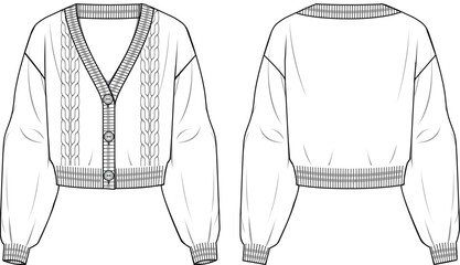 Women's Cable Detail Cropped Cardigan. Technical fashion illustration. Front and back, white color. Women's CAD mock-up.