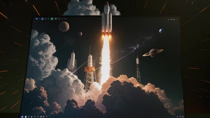 Poster - Illustration of rocket coming out of laptop screen, black background. Generative AI