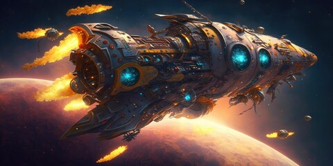 Sticker - biomechanical starship traveling through space scifi high quality technology. generative ai aig16.