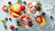 Overhead view of ice creams dessert with fruits created with genertive AI.