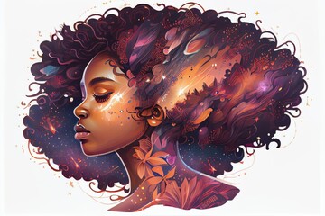 Wall Mural - A cute African American teenage goddess with beautiful afrocentric hairstyle made from celestial bodies fade into the universe. Generative AI AIG16.