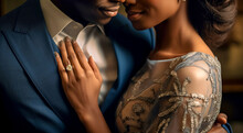 Passionate African Couple In Love In Elegant Evening Dresses, Woman With Wedding Ring On His Finger. Luxurious Fashion Shot. Digital Ai