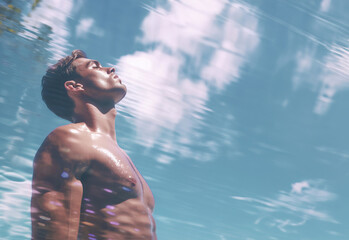 handsome man with great body and closed eyes relaxing in a hot summer scenery, generative ai