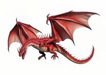 A Red Dragon In A Flying Pose On A White Isolated Background