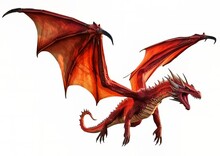 A Red Dragon In A Flying Pose On A White Isolated Background