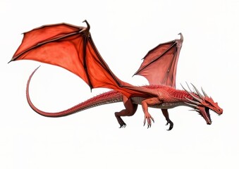 Wall Mural - A red dragon in a flying pose on a white isolated background