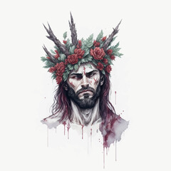 watercolor jesus with crown of thorns on white background