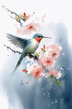 Hummingbird And Flowers , Created With Generative AI Technology