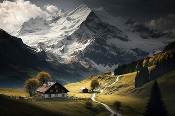 Wall Mural - Switzerland high Alps mountains clouds serene majestic. Generative AI AIG15.