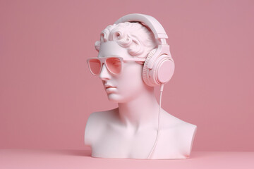 Wall Mural - Antique bust of woman with sunglasses and headphones.