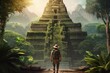 © Kaleb - Archaeologist in front of Aztec temple in rainforest, Explorer with hat and backpack at temple entrance in forest, Generative AI