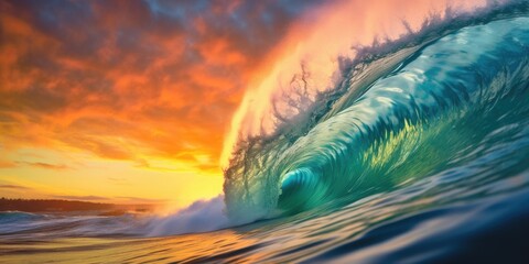 Wall Mural - Beautiful wave in the ocean and colorful sky with sun reflecting off of the wave. Generative AI AIG27.