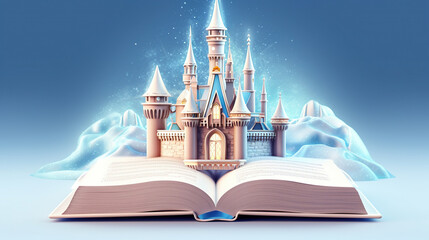 Wall Mural - 3d illustration of an open book with winter castle