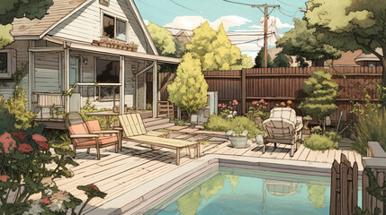 Poster - Cozy safe backyard scene illustration