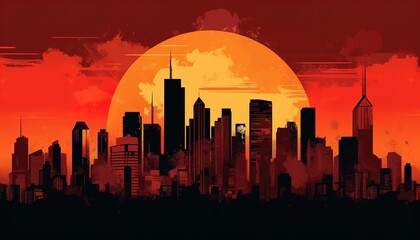 Beautiful skyline of the city, sunset or sunrise, illustration art