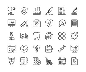 healthcare icons. vector line icons set. medicine, pharmacy, medical supplies, health care concepts.