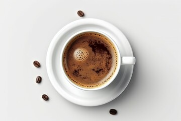 Wall Mural - Cup of morning coffee on a light background with selective focus. AI generated, human enhanced.